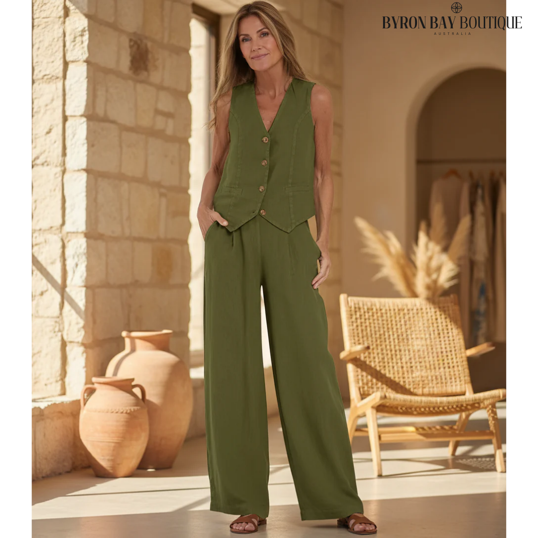 Aira - Buttoned Vest & Wide-Leg Trousers Set