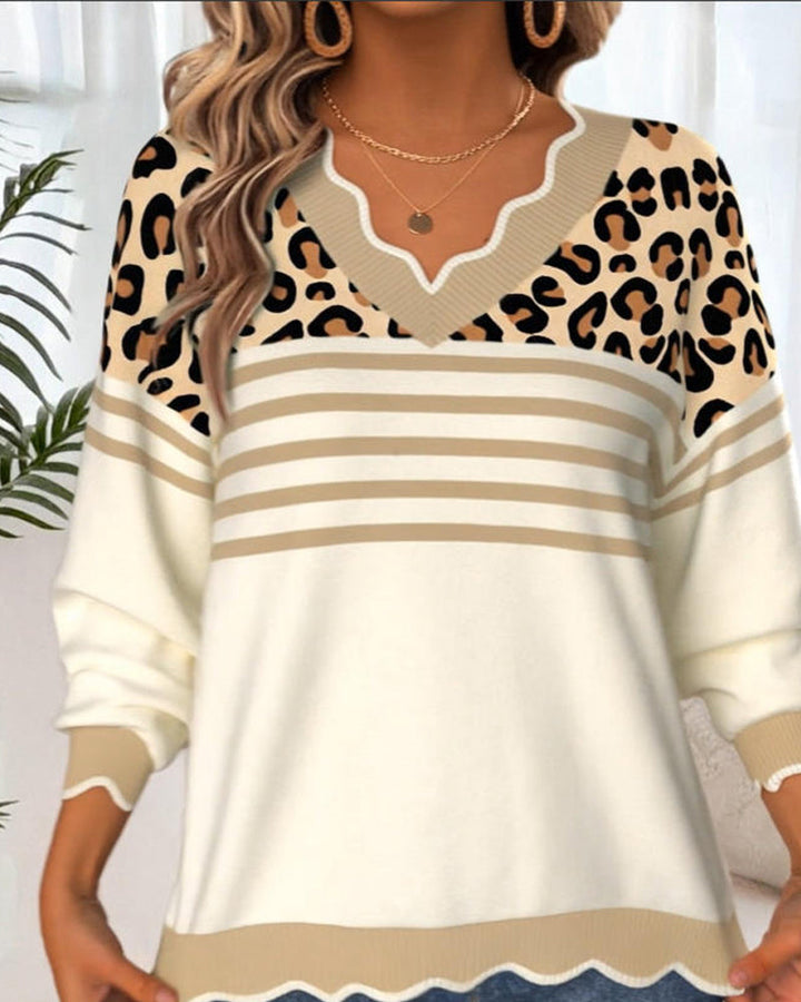 Leopard Print Contrast V-Neck Sweater